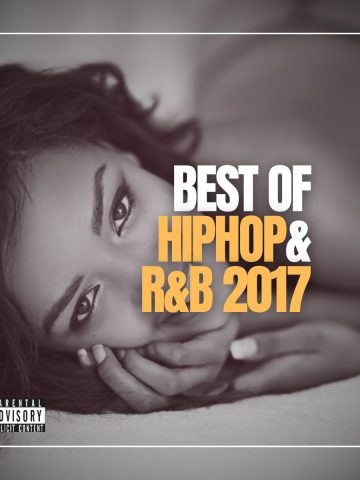 Beautiful dark woman lying on the bed and looking into the camera with a beautiful smile with the text best of hip-hop & R&B 2017.