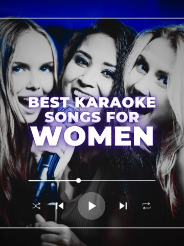 Three friends singing together into a microphone in a karaoke bar, along with the text the best karaoke songs for women.