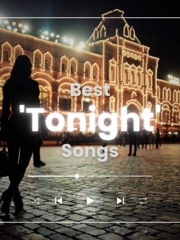 Contours of a woman walking in a square at night with lights in the background and the words "best tonight songs".