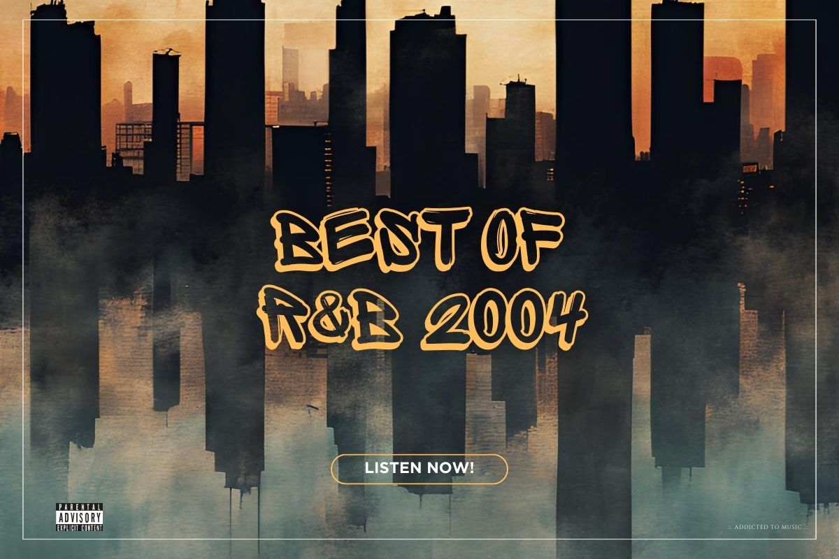 The skyline of a city by the water, in a grunge style with the text Best of R&B 2004. Listen now!