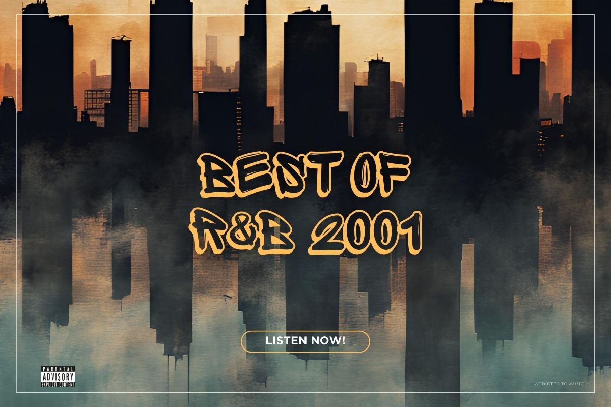 The skyline of a city by the water, in a grunge style with the text Best of R&B 2001. Listen now!