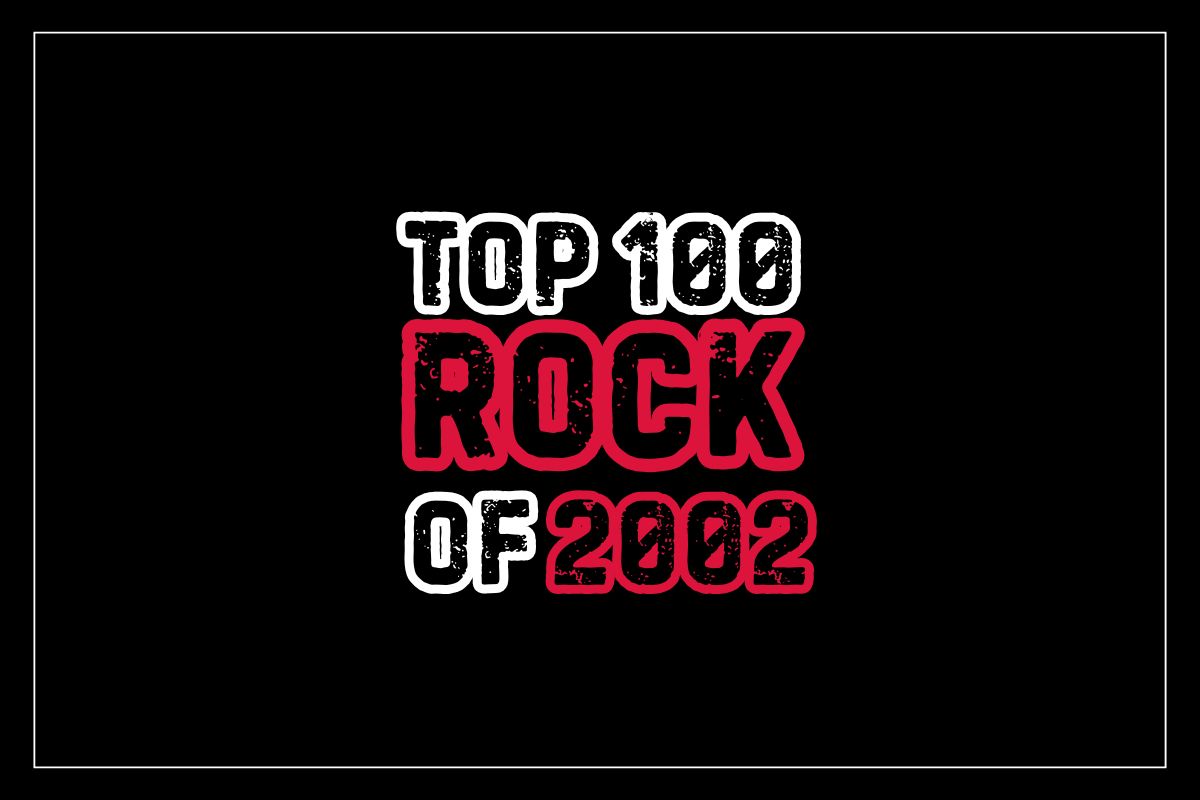 Black background with white border and the text top 100 rock of 2002 in red and white.